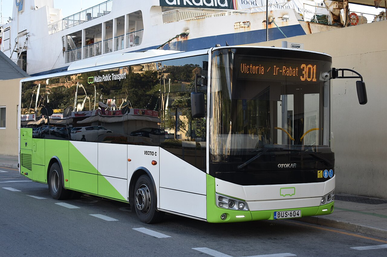 A modern bus at Mġarr harbour on Gozo, photographed in 2017